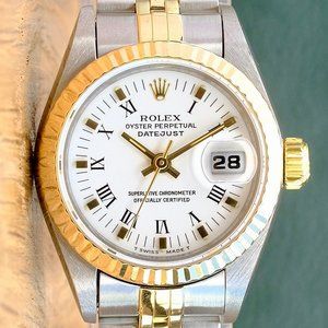 ROLEX DATEJUST WHITE INDEX DIAL 18K GOLD FLUTED JUBILEE TWOTONE WATCH 26MM 69173